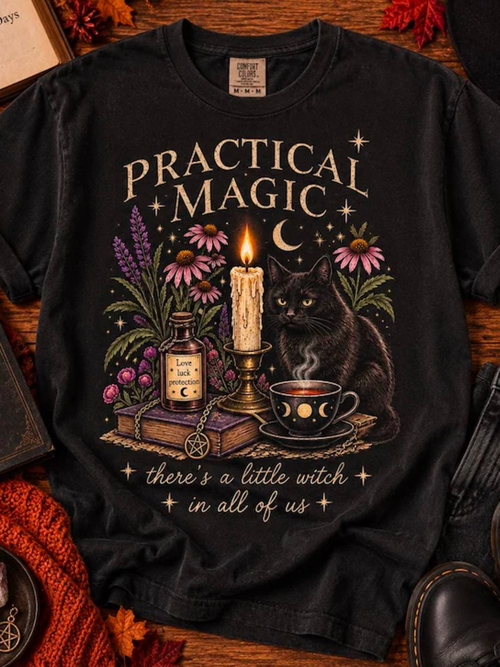 Comfort Colors Black 'Practical Magic' Cat Candle Graphic Tee